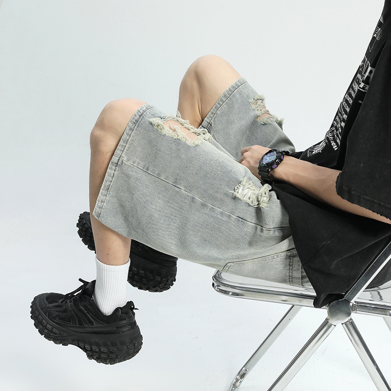 Summer Trendy Brand Broken Hole Cat Must Wash, Make Old, Loose Wide Legs, Straight Tube, Casual, Five Point Denim Shorts for Men