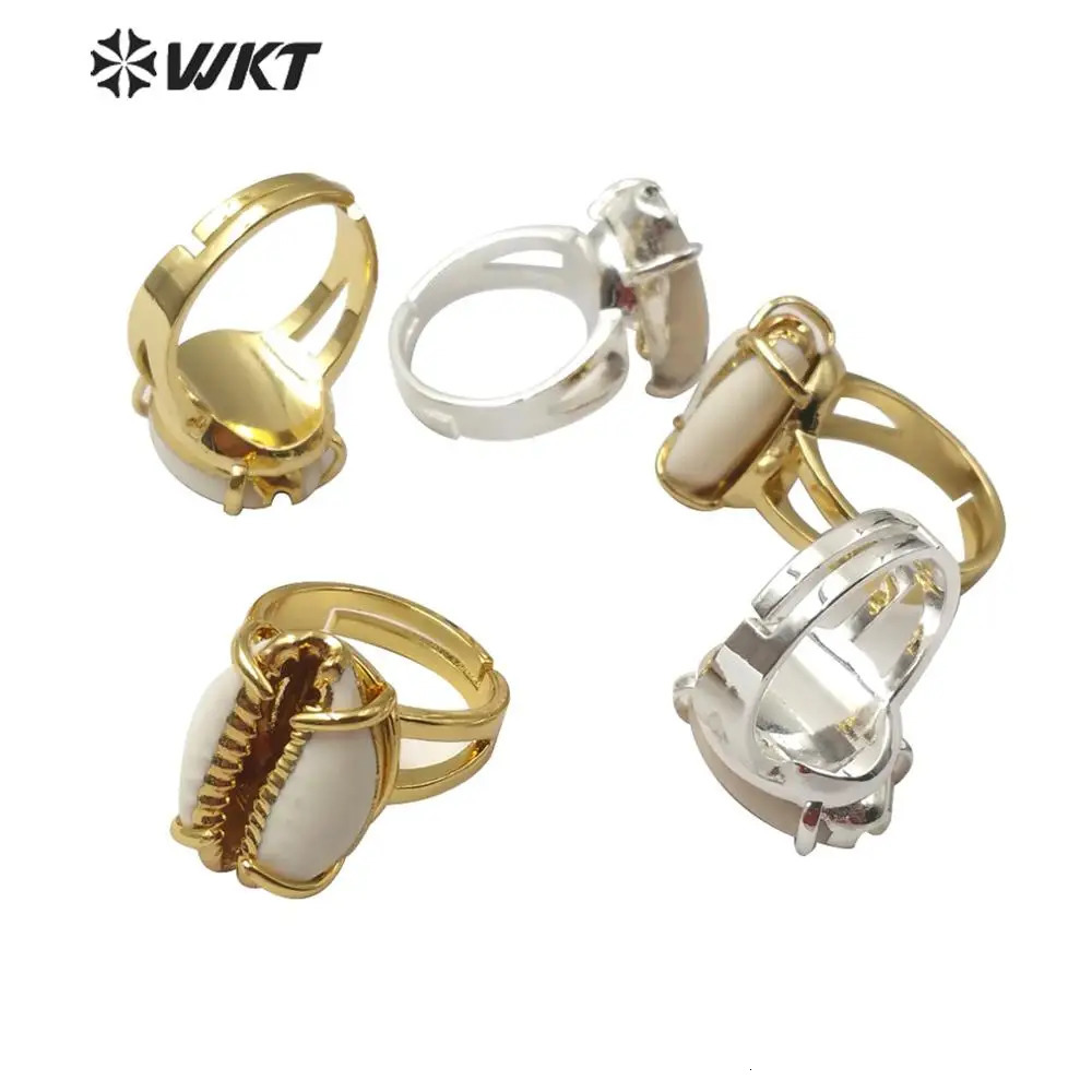 WT-R349 WKT Beautiful Adjustable Size Gold Prong Setting Cowrie Ring Lady Fashion Natural Sea Shell Procurement Accessories 240713
