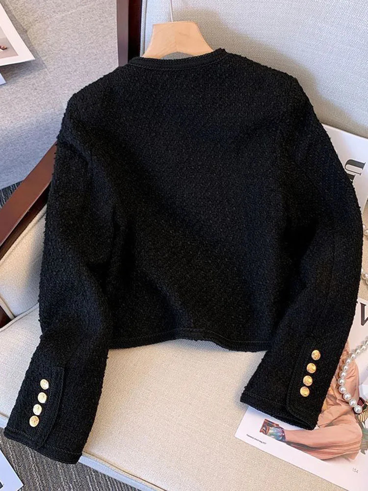 Women O-neck Tweed Cropped Woolen Jackets Korean Single Breasted Wool Blend Tops Coats Spring Fall Casual Short Chic Abrigos 240712