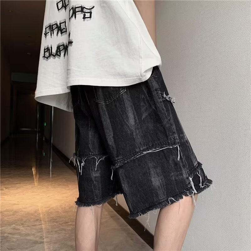 Vintage ripped denim shorts for men, loose casual five quarter plus size, trendy and versatile mid length pants, summer slim fit