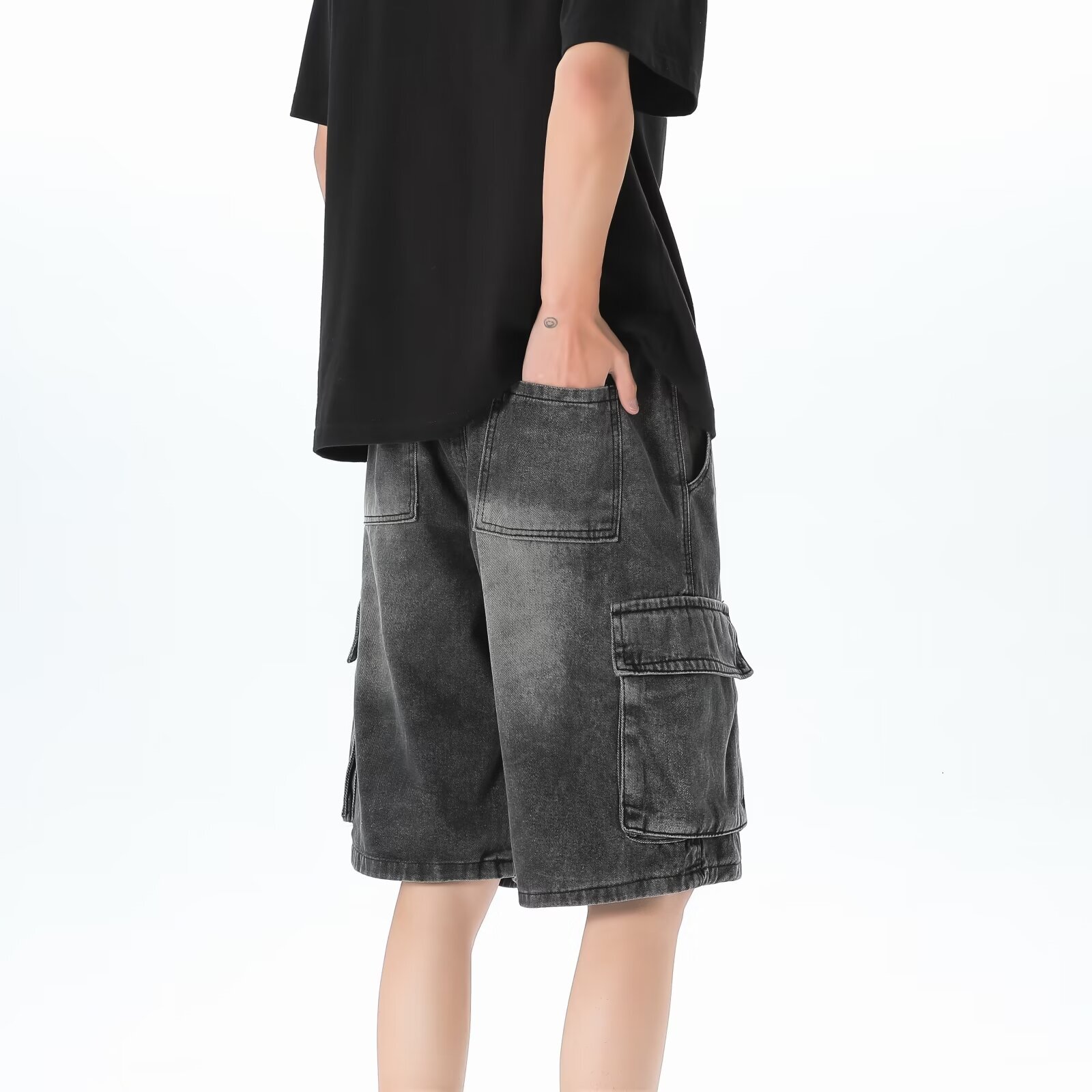 American denim for men in summer, thin fit, loose straight leg, five quarter pants, men's versatile, casual, outerwear, workwear, shorts
