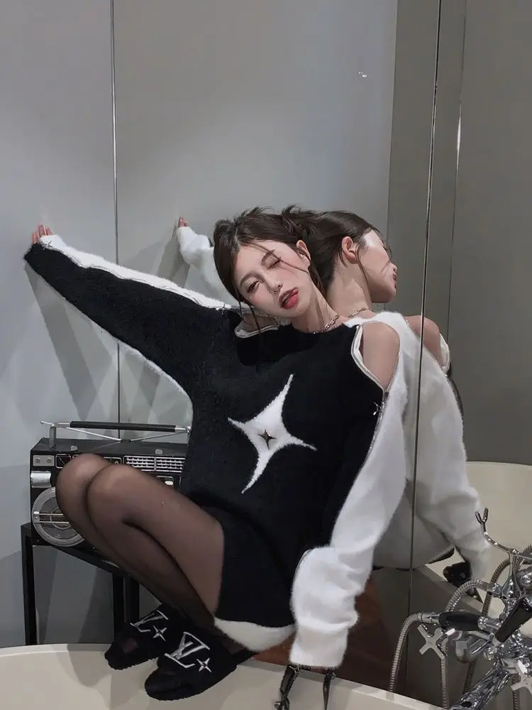 Autumn and winter mohair sweater women loose harajuku lazy style fashionable off-shoulder long-sleeved sweater top 240717