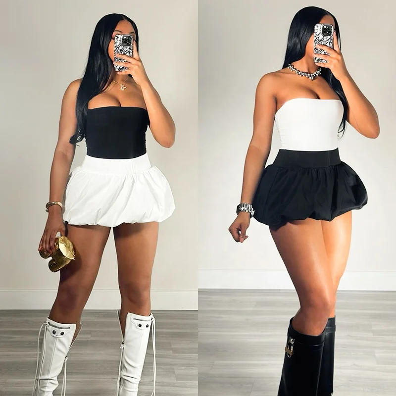2024 Summer Solid Corset With Bubble Skirt Ladies 2 Pieces Set Tweed Puffer Women Outfits 240716