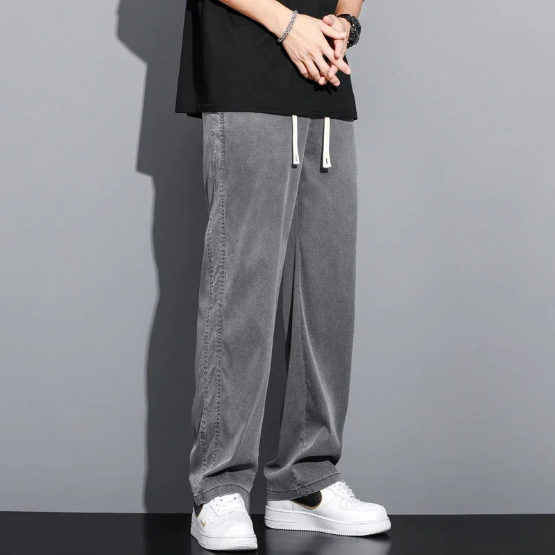 S-5XL 6StyleMens Loose Jeans Summer Soft Lyocell Thin Fabric Straight Pants Drawstring Elastic Waist Korea Casual TrousersY2K 240709