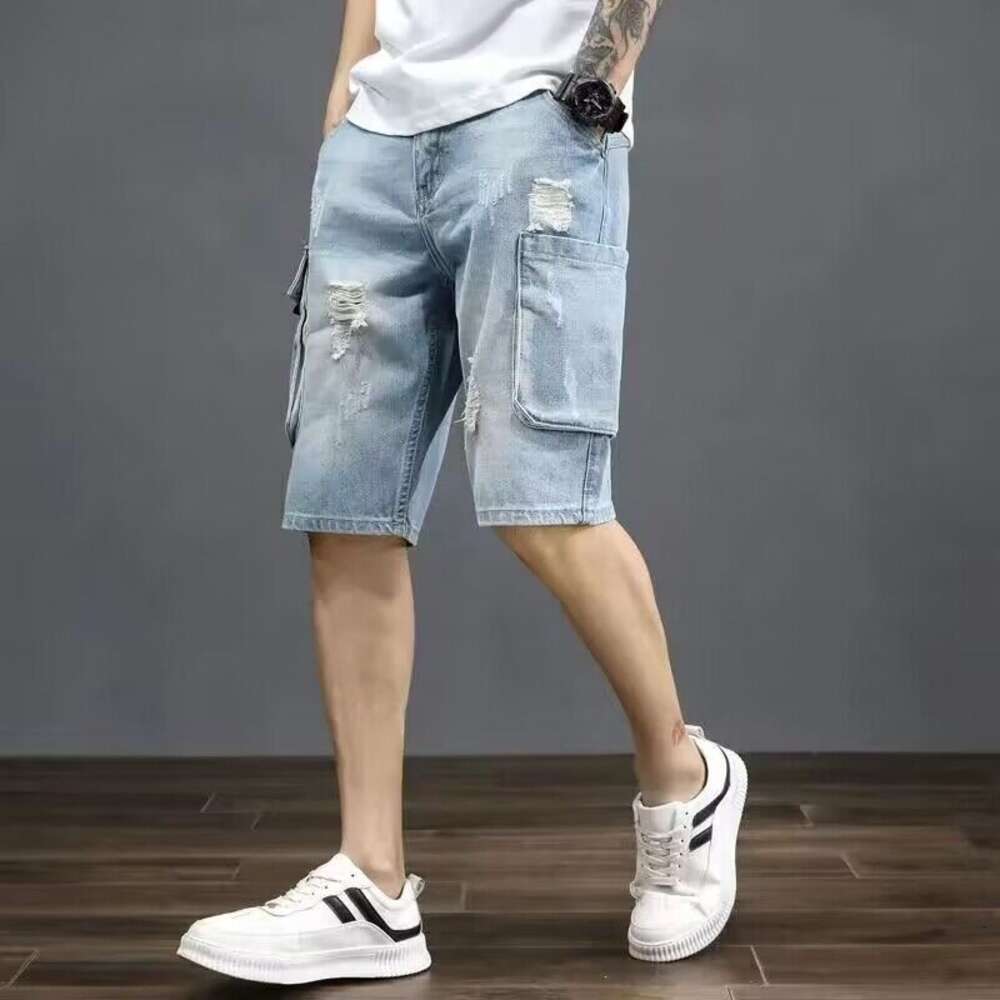 Men's denim shorts, summer new style, large pocket, perforated casual five quarter loose straight tube, thin mid length pants, trendy
