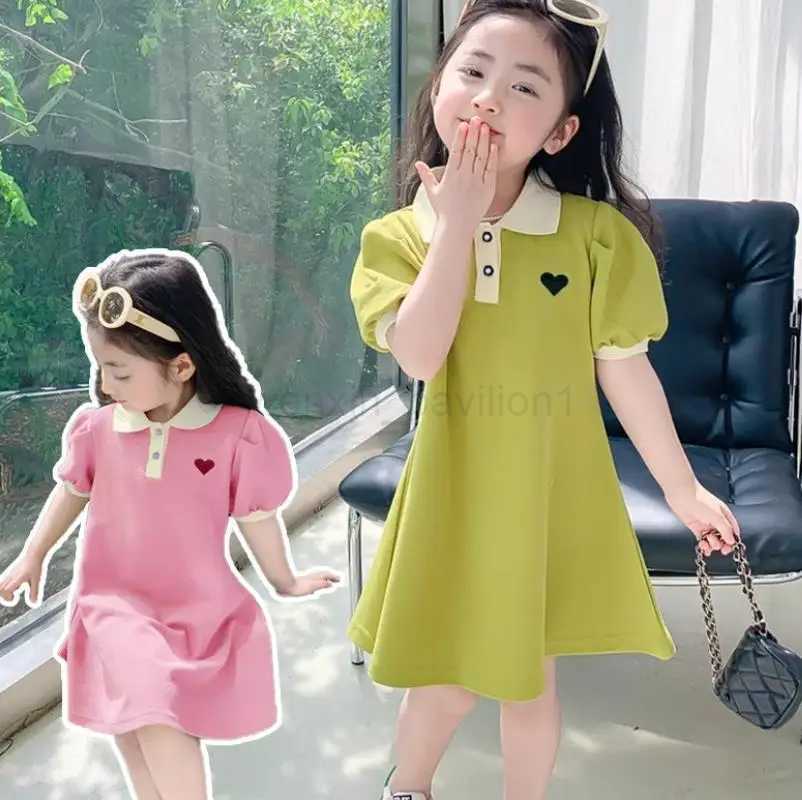 2024 New Childrens Dress Korean Edition Girls Summer Bubble Sleeves Flip Collar Love Dress 1-10 Year Old Casual Princess DressXJ240720