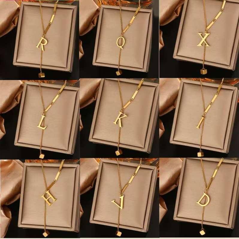 A-Z Gold 26 Initial Necklace: Stylish Stainless Steel Box Pendant Capital Letter Necklaces for Women, Girls, Students - 2024 Fashion Fine Jewelry Gift