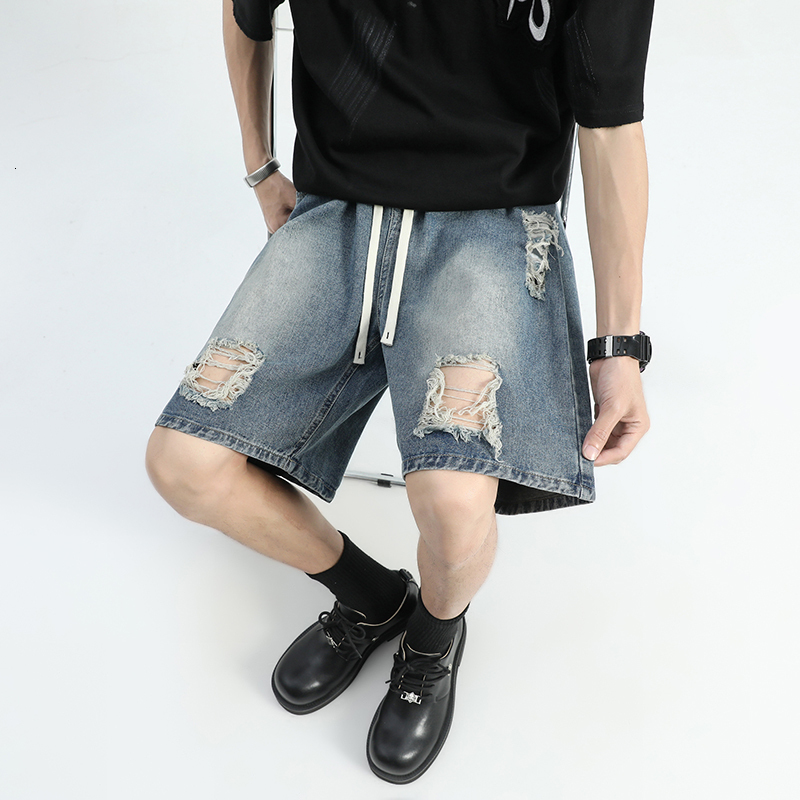 Summer Trendy Brand Broken Hole Cat Must Wash, Make Old, Loose Wide Legs, Straight Tube, Casual, Five Point Denim Shorts for Men