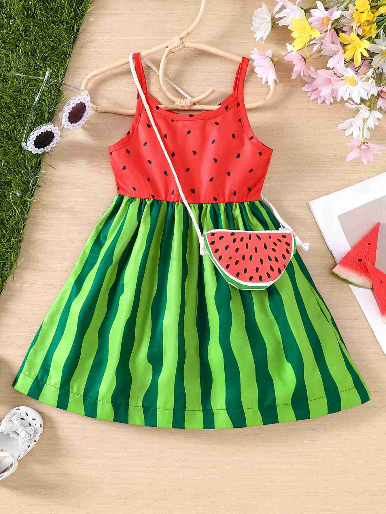 Girls new summer casual vacation style trend watermelon style printed dress + with watermelon satchelXJ240720
