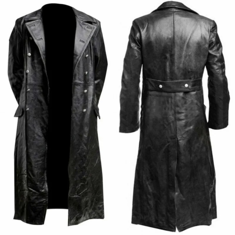Trench Double-breasted Pockets Outwear Y2K Vintage Leather Jackets Long Sleeve Men Medieval Coat PU Gothic Jackets Coats 240716