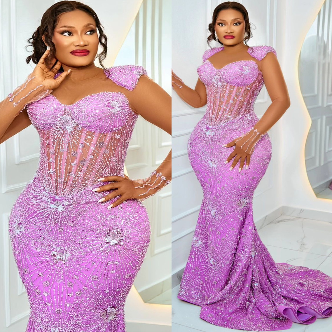 2024 Plus Size Lilac Mermaid Prom Dress Fulllace Promdress Beaded Full Sleeves Evening Formal Party Second Reception Birthday Engagement Gowns Dresses