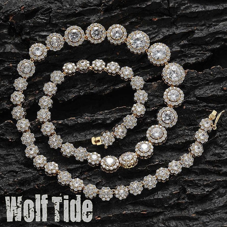 7-12mm Wide Gradual Size Flower Shape Circular Mix And Match Zircon Tennis Necklace Hip Hop Couple Male Female Silver Color Aesthetic Wolf Tide Jewelr