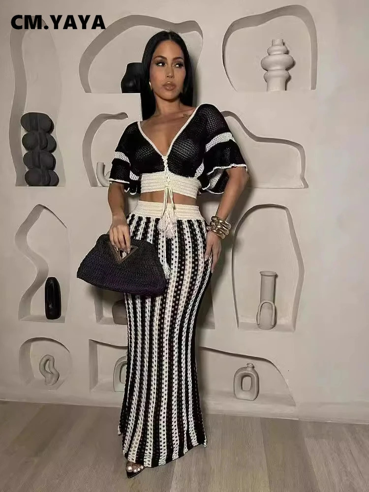 CMYAYA Womens Set Short Sleeve Vneck Top Long Skirts Suit Summer Knitted Hollow Out Streetwear Beach Sexy Two 2 Piece Sets 240712