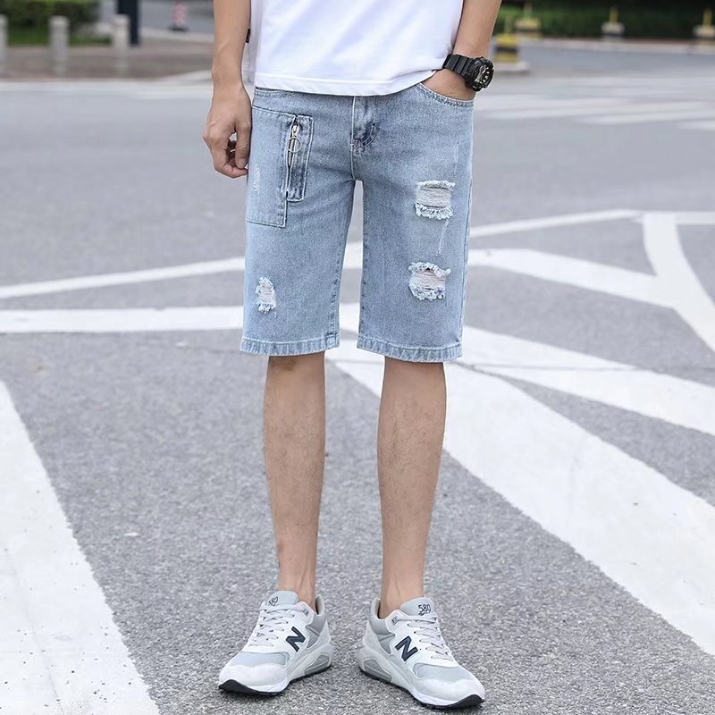 Summer beggar five quarter jeans Korean version slim fit small leg trendy brand men's short mid ripped pants