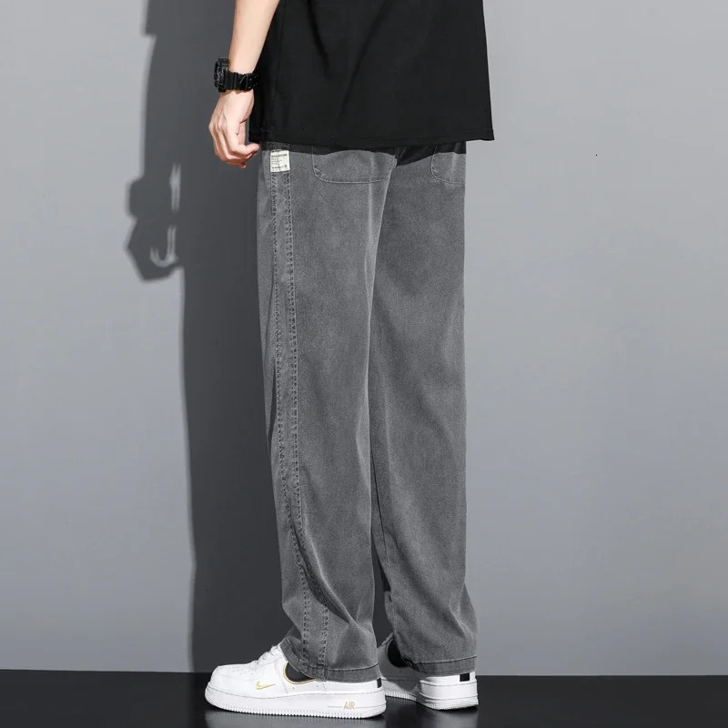 S-5XL 6StyleMens Loose Jeans Summer Soft Lyocell Thin Fabric Straight Pants Drawstring Elastic Waist Korea Casual TrousersY2K 240709