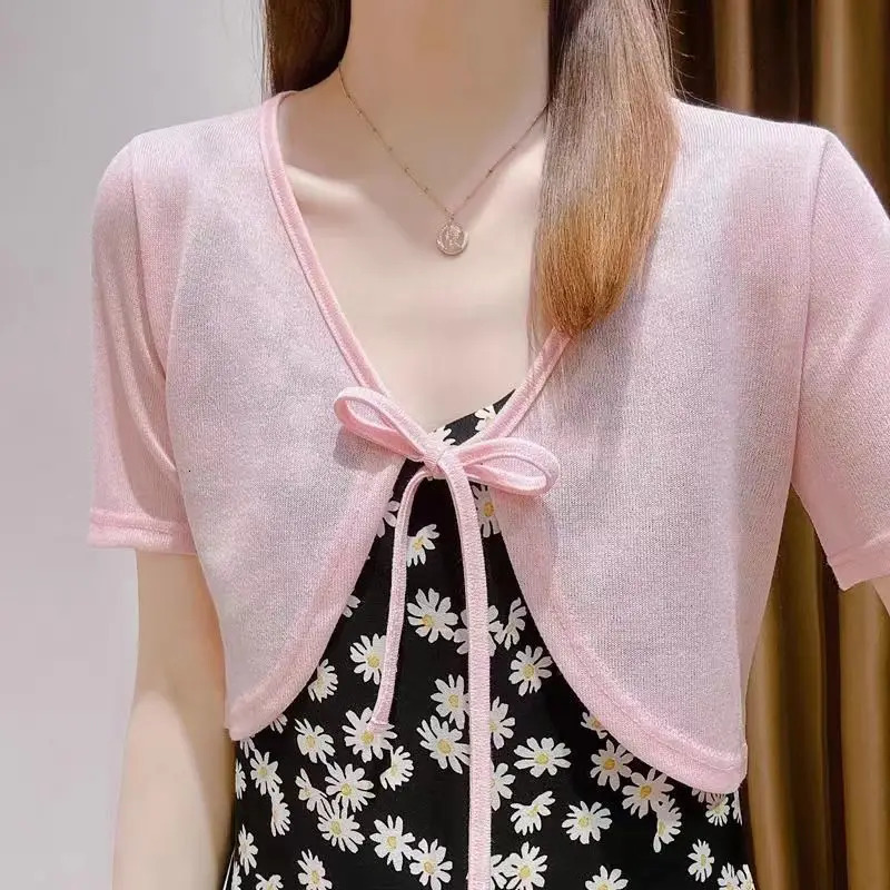 korean fashion Womens Open Front Bolero Shrug Short Sleeve Solid Color Cropped Cardigan Knit Shrug Summer Cover Up 240717