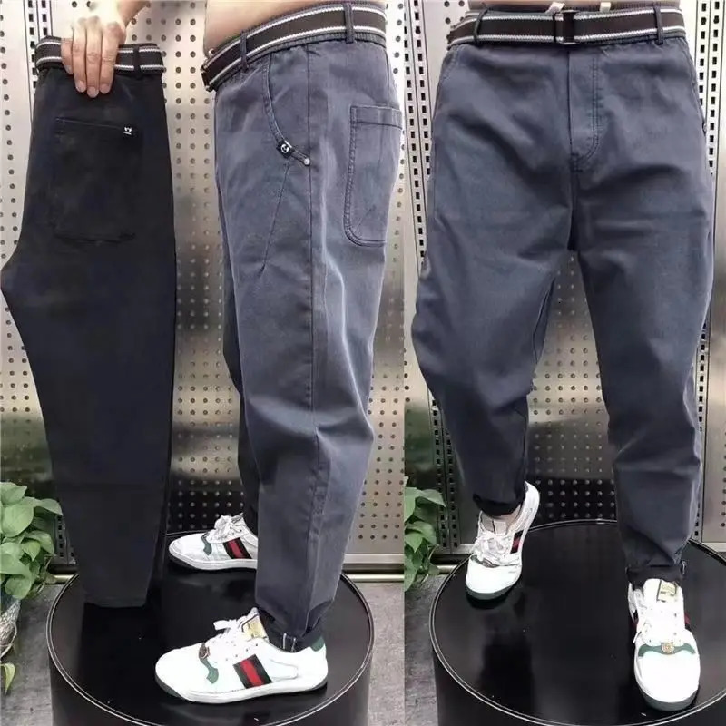 Harajuku Stretch Korea Streetwear Loose Solid Denim Jeans Elastic Waist for Men Spring Summer plus size 7XL 8XL Casual Pants 240715