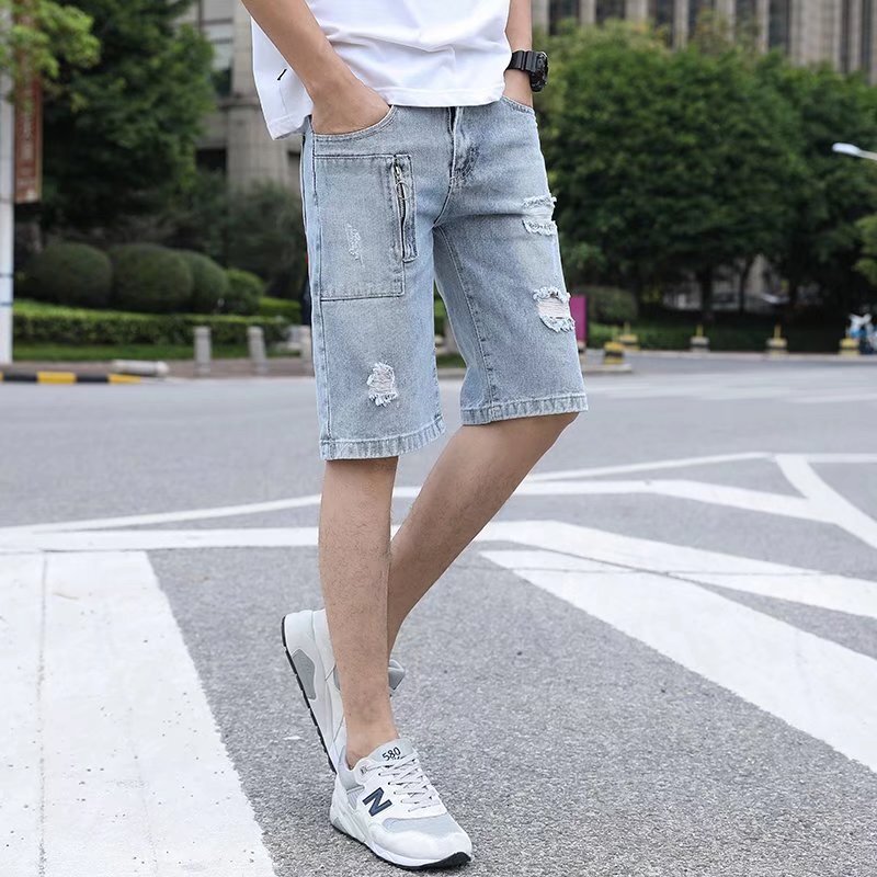 Summer beggar five quarter jeans Korean version slim fit small leg trendy brand men's short mid ripped pants