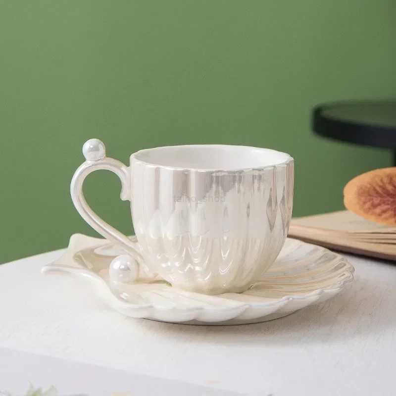 Ins Style Gradient Pearl Shell Household Good-looking Afternoon Tea Cup and Saucer Exquisite Ceramic Coffee Cup SetB240720