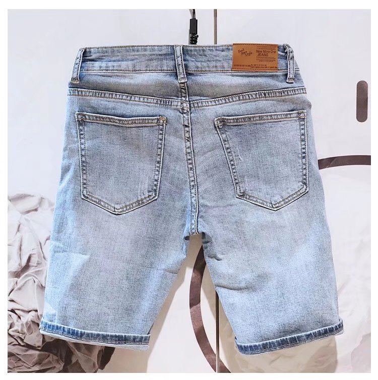 Summer men's slim fit denim 5/5 shorts trendy brand INS Korean version rose checkered ripped washed mid length pants