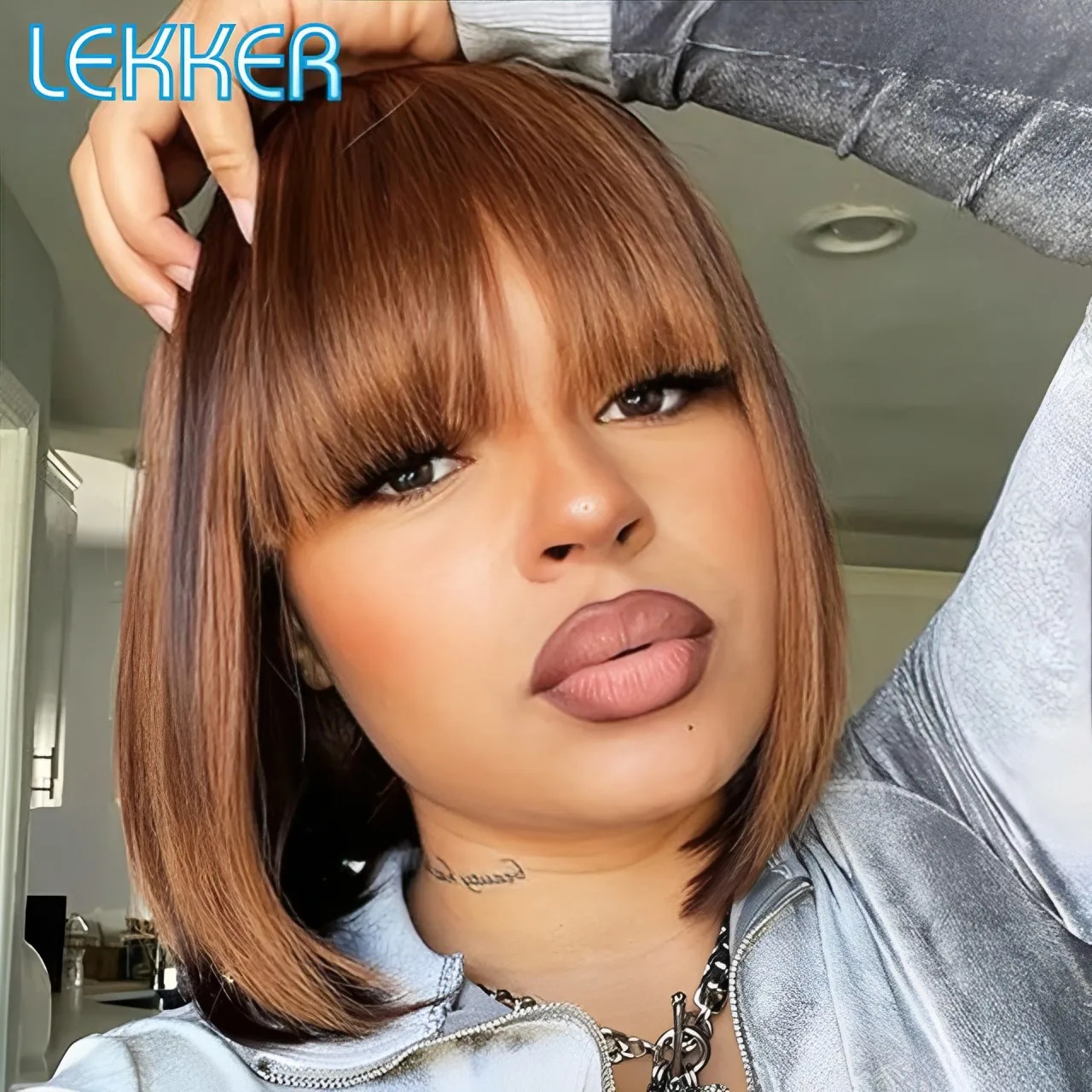 Lekker Ready Wear Ombre Brown Short Straight Bob Human Hair Wigs With Bangs For Women Brazilian Remy Hair Colored Glueless Wigs 240716