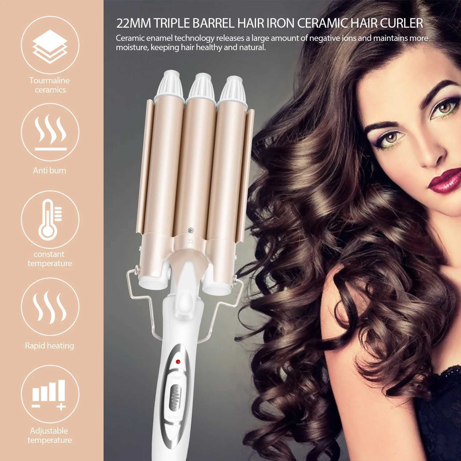 22mm Triple Barrel Hair Curling Iron Ceramic Hair Curler Professional Hair Waver Tongs Styling Tools for All Hair TypesB240719