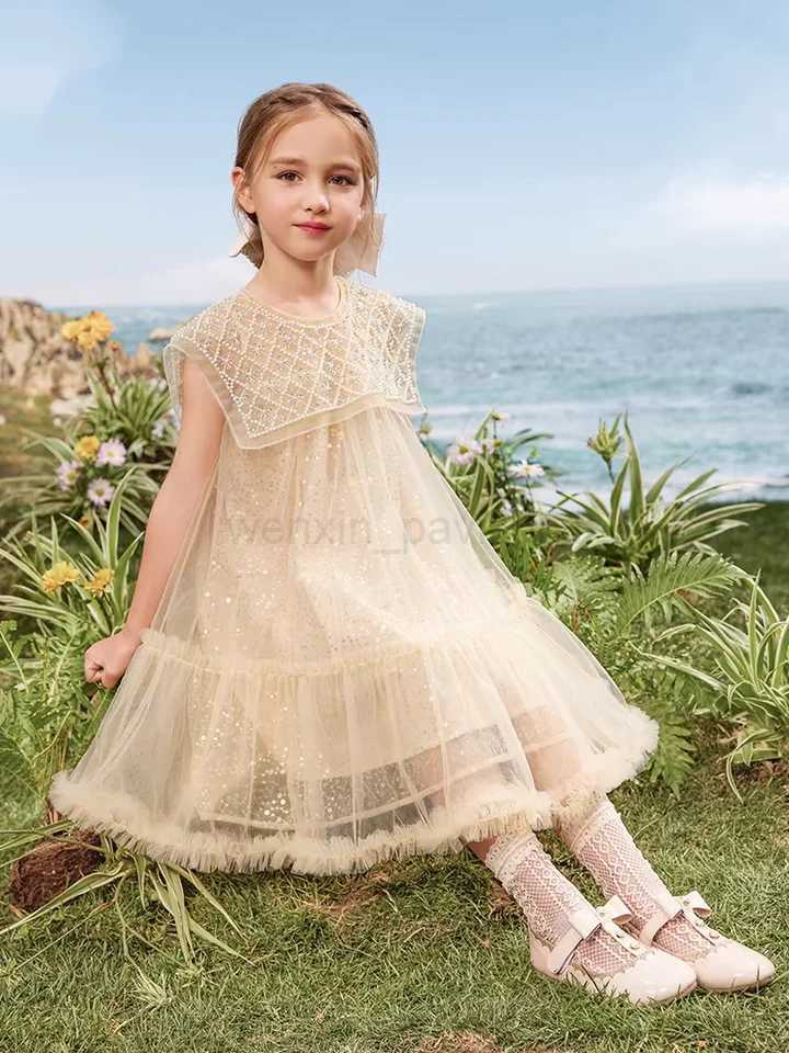 Girls Summer Light Luxury Mesh Dress Little Girl Pearl Neck Sequin Princess Tutu Dress 6-15YXJ240720