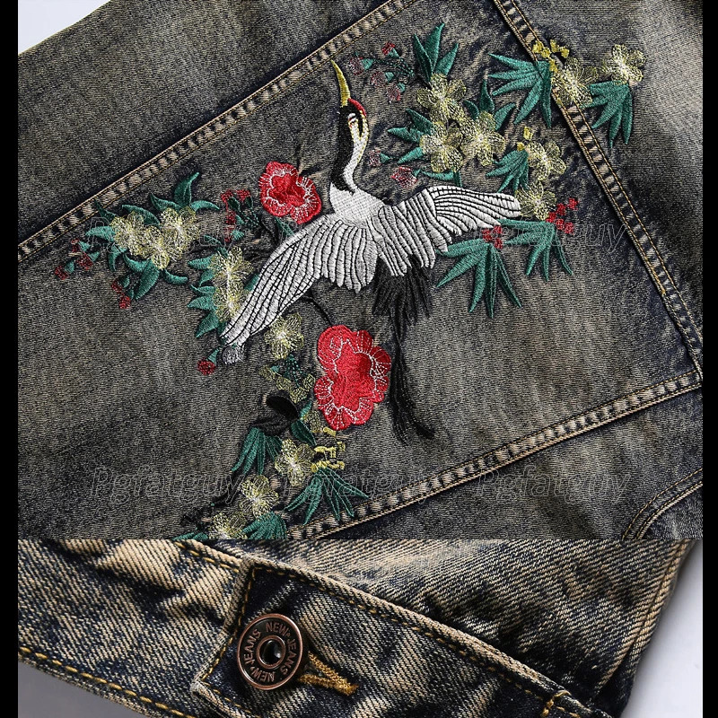 Retro Blue Tracksuit Spring Autumn Embroidered Crane Mens 2pcs Pant Sets Fashion Slim Fit Denim Jacket and Stretch Jeans 240712