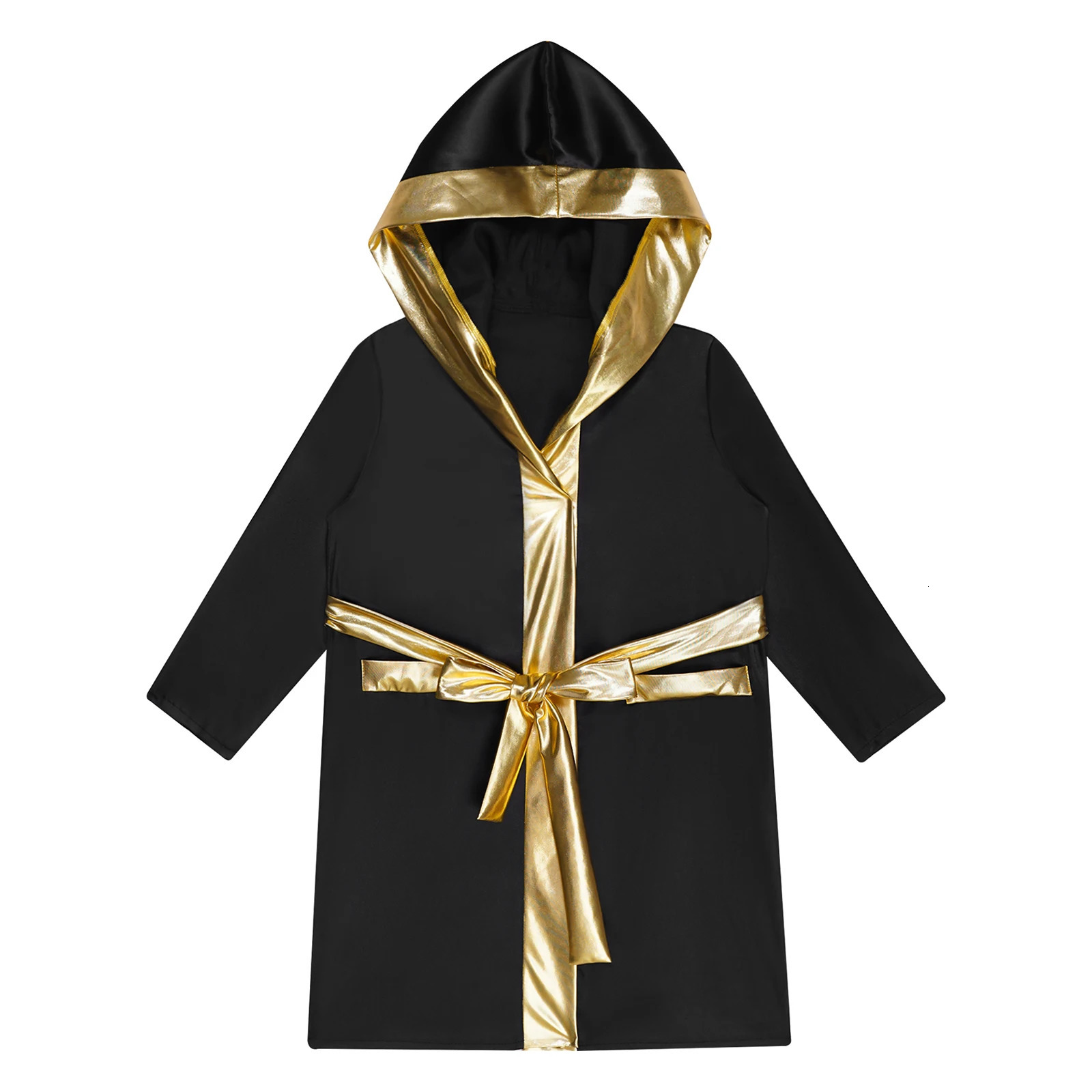 Sports Unisex Kids Boys Girls Boxing Robe Thai Kickboxing Costume Long Sleeve Hooded Cloak Competition Training Gown with Belt 240716
