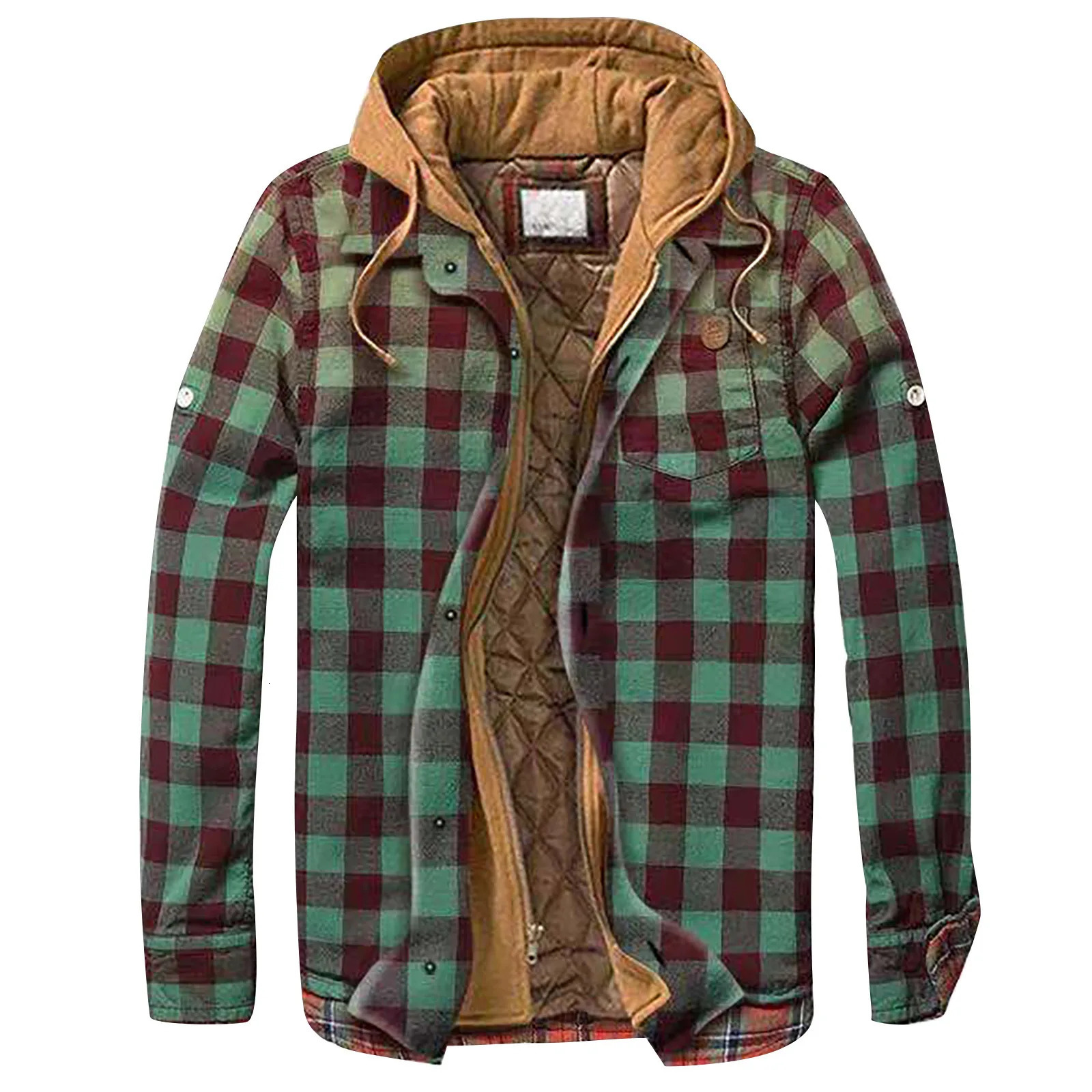 Mens Quilted Lined Button Down Plaid Shirt Add Velvet To Keep Warm Jacket With Hood 240712