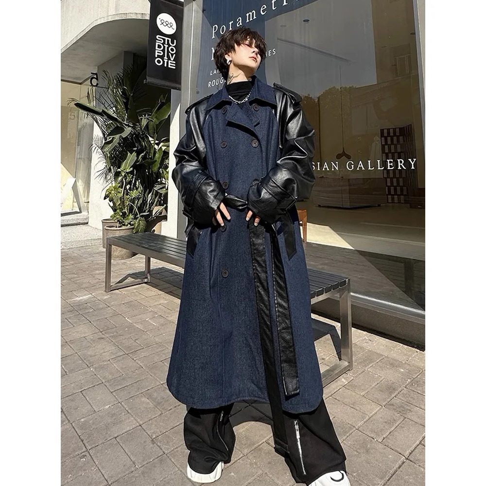 Double Breasted Denim Splice Leather Long Windbreaker Jacket Men Mid Loose Casual Korean Streetwear Trench Coat Outerwear 240719