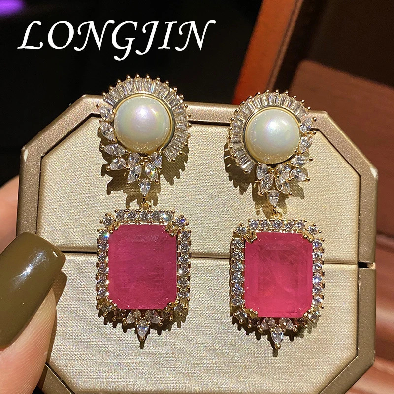 Charms S925 Silver Needle Square Emerald Crystal Pearl Earrings Retro Grace Vintage Dark Green Earring Women Jewelry Accessory 240716
