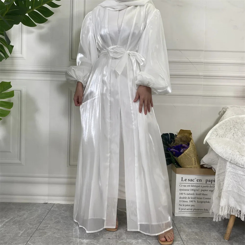 White Satin Abaya Kimono Shiny Silk Stretch Balloon Sleeve Muslim Dress Saudi Open Abayas for Women Dubai Turkey Islam Cardigan 240712