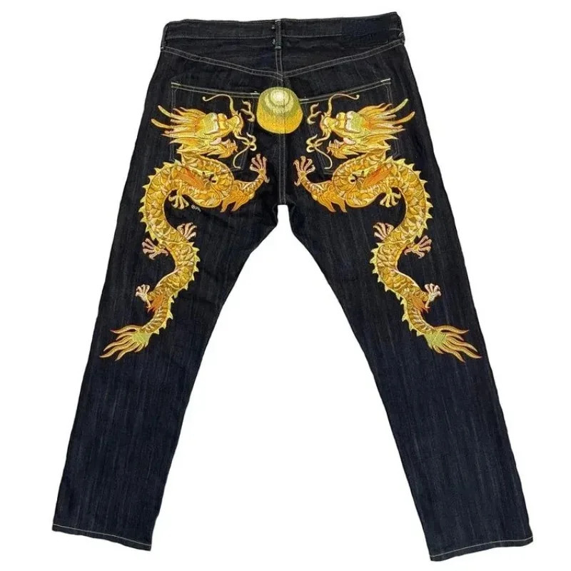 European and American style street jeans male Y2K printed hip hop high waist straight retro loose wide leg pants denim trousers 240716