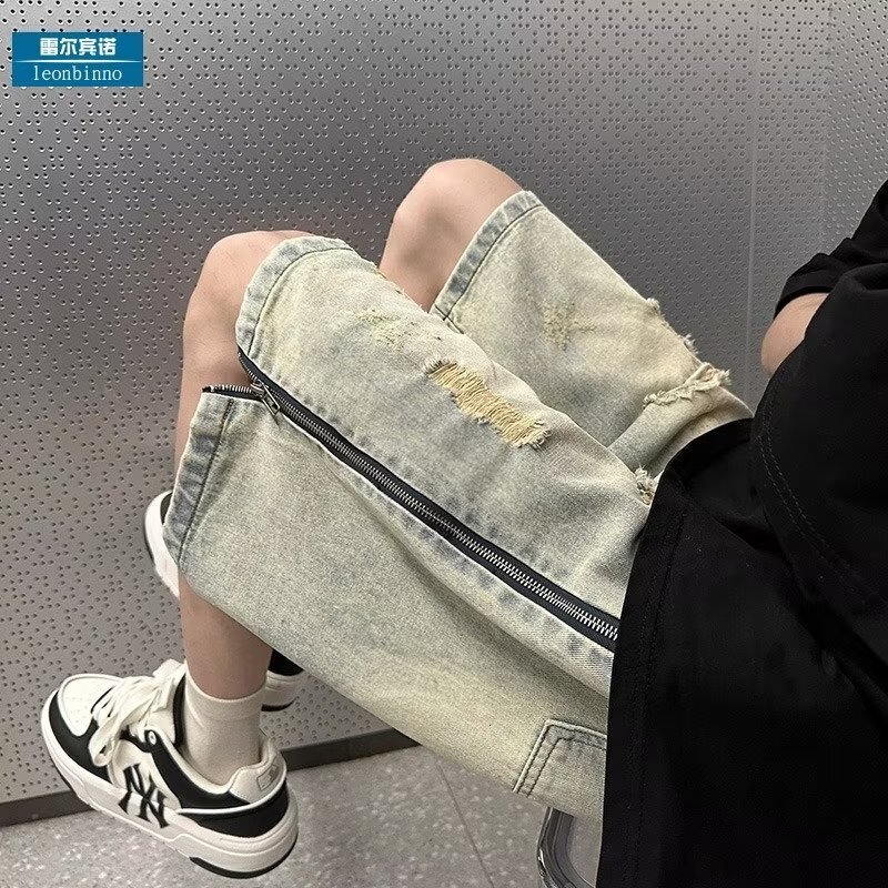 Yellow mud dyed distressed denim shorts, men's side zipper, summer American high street sports and leisure five part pants
