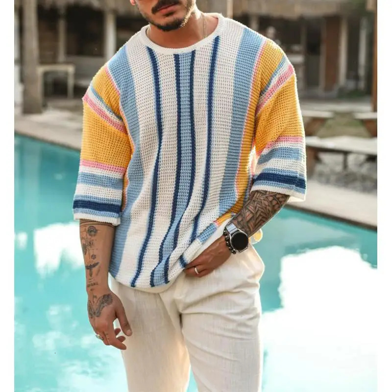 Striped Knitted Sweater For Men Korean Clothing Mens Short Sleeve Knit Sweater Mens Summer Jumper Knitted Short Sleeve Summer 240710