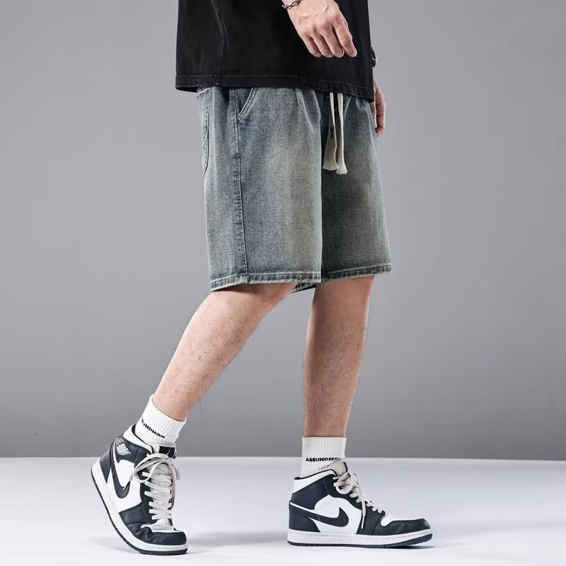 American denim summer trendy brand, ruffian and handsome shorts, men's loose fitting workwear, 5/4 pants