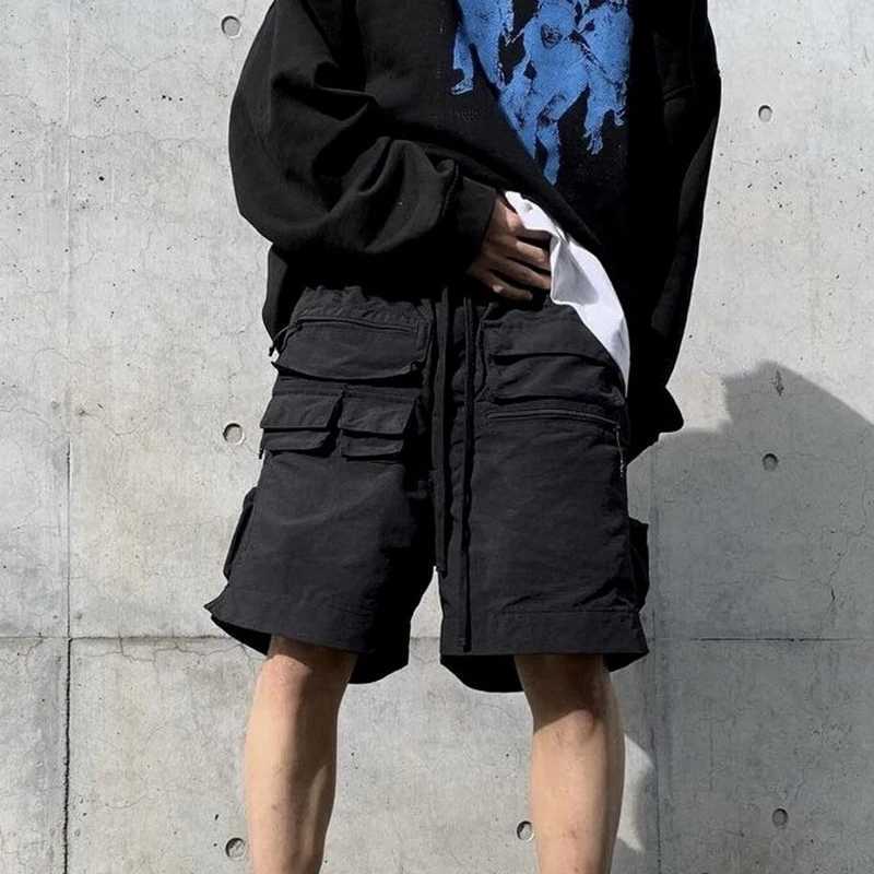 Trendy Mens Mutli Pockets Cargo Shorts Summer Vintage Drawstring Tie-up Loose Shorts Y2K Fashion Men Solid Color Straight Shorts M240720