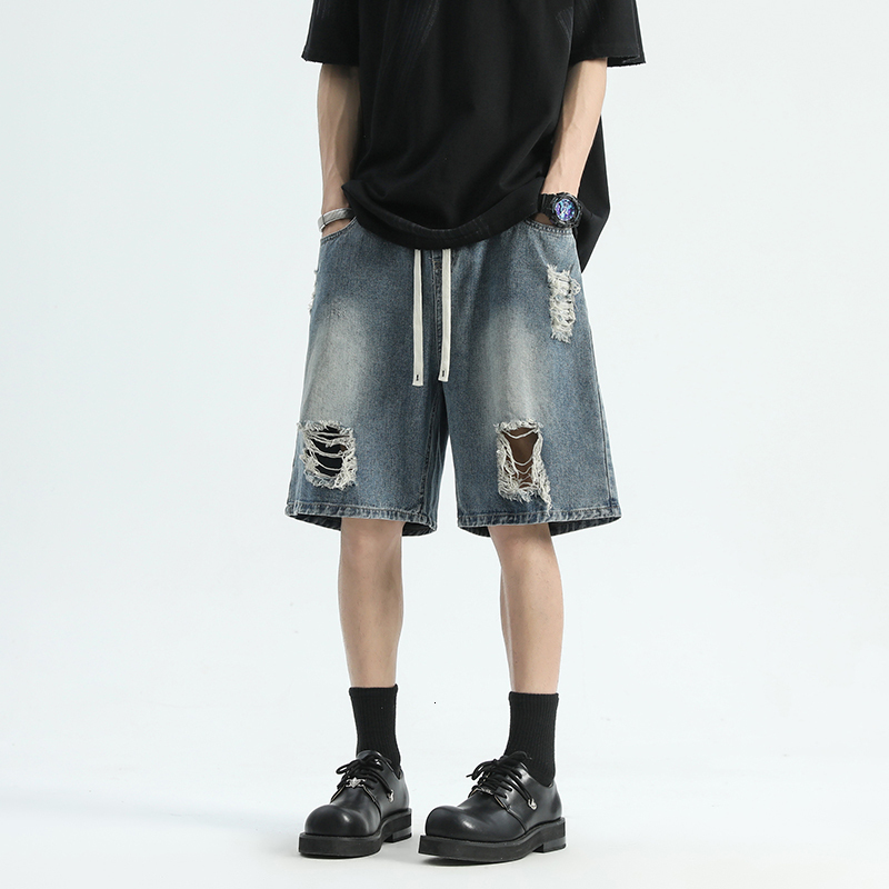 Summer Trendy Brand Broken Hole Cat Must Wash, Make Old, Loose Wide Legs, Straight Tube, Casual, Five Point Denim Shorts for Men