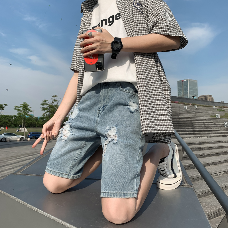 Broken hole casual five quarter summer Korean outdoor shorts teenage men's pants college style jeans