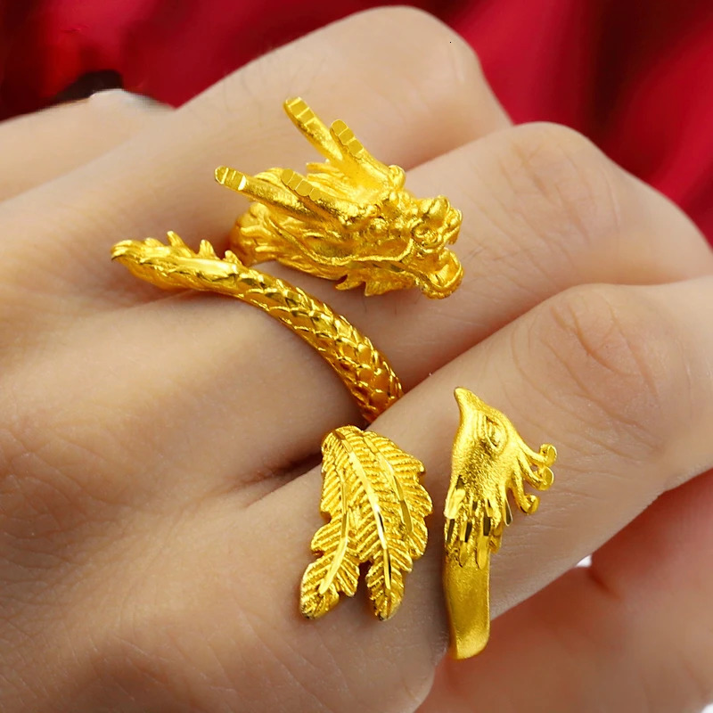 High quality 999 pure gold colored Phoenix Dragon coupon ring for mens couples wedding ring exquisite jewelry 240805