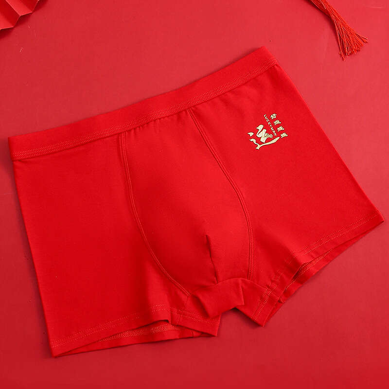 Big Red Pure Cotton Underwear with A Mid Waist and Good Luck for the Chinese New Year, Gold Hot Stamping U-shaped Protruding Men's Boxer Shorts B