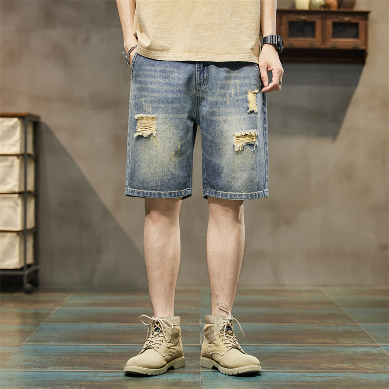 2024 summer casual denim shorts men's versatile loose ripped jeans Korean version trendy ins cropped pants