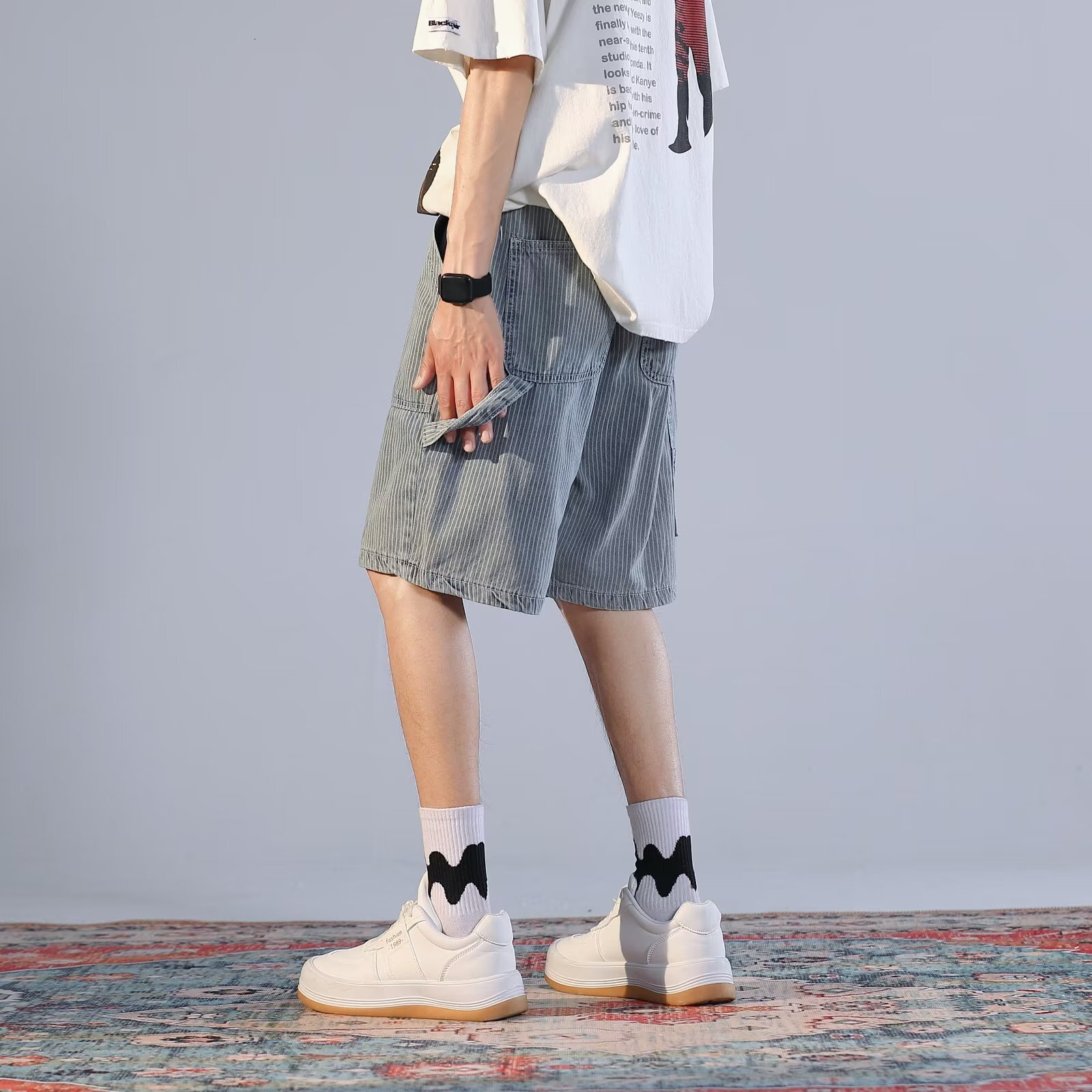 Denim shorts, loose lace up, summer thin men's middle pants, oversized fat, trendy brand work clothes, cropped pants