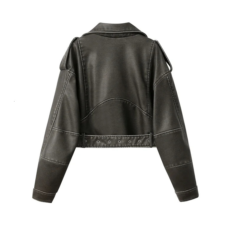 RARF Coal graysty le Womens washed leather jacket with belt short coat downgraded zipper and vintage lapel 240715