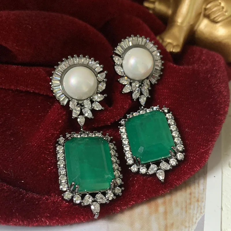 Charms S925 Silver Needle Square Emerald Crystal Pearl Earrings Retro Grace Vintage Dark Green Earring Women Jewelry Accessory 240716