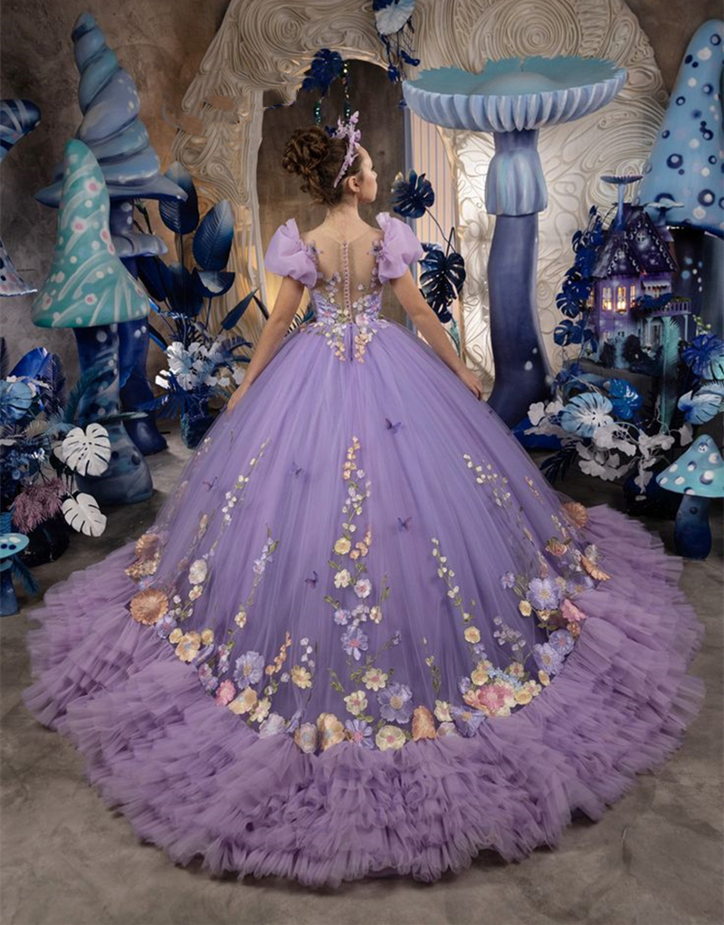 2024 Princess Flower Girls Dresses Puff Sleeves Floral Lace Appliques Ruffles Tiered Ball Gown Wedding Party Gowns Toddler Prom Pageant Birthday Quinc
