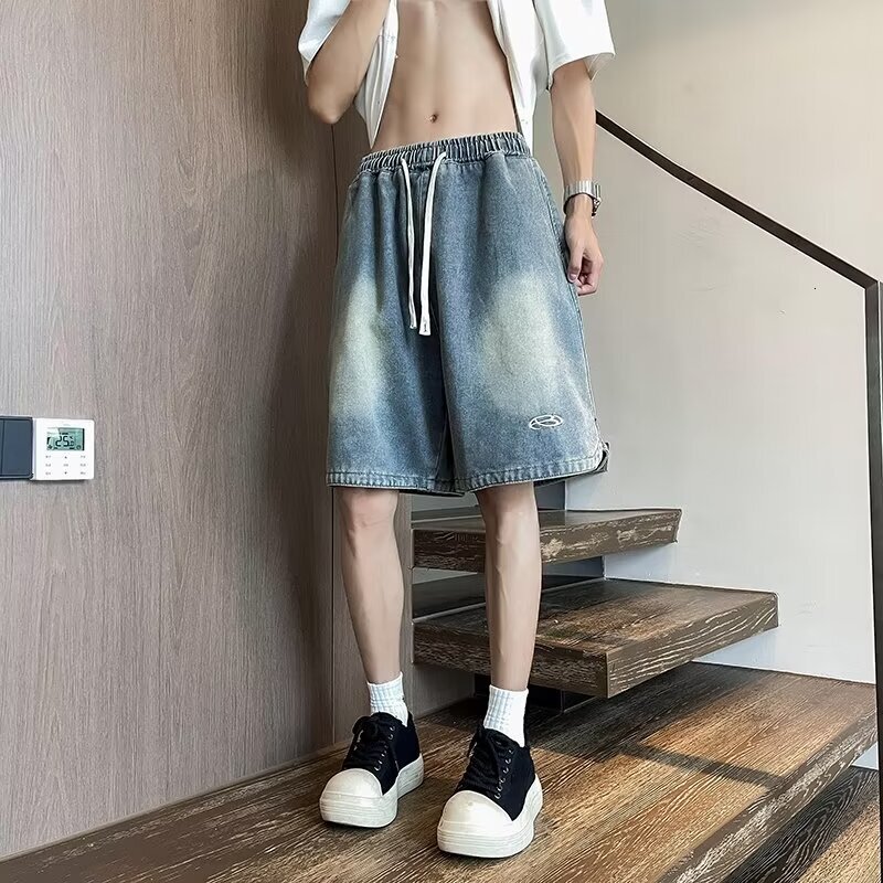 Cowboy shorts for men and women, street fashion brand, loose straight leg mid length pants, student casual five quarter pants