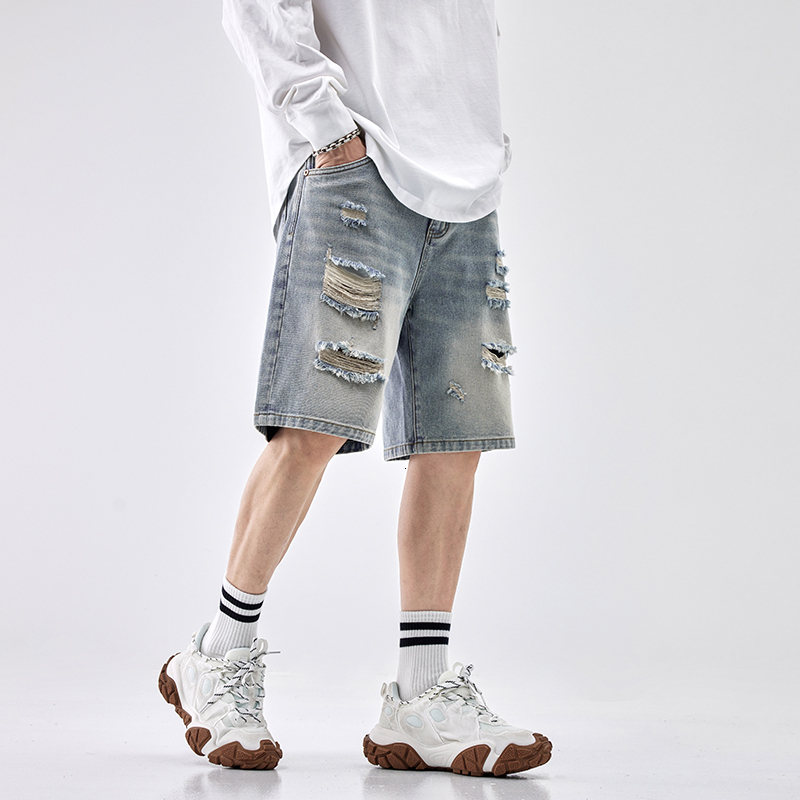 Summer ripped denim shorts for boys, loose and outerwear, cropped pants, trendy brand plus size mid length pants