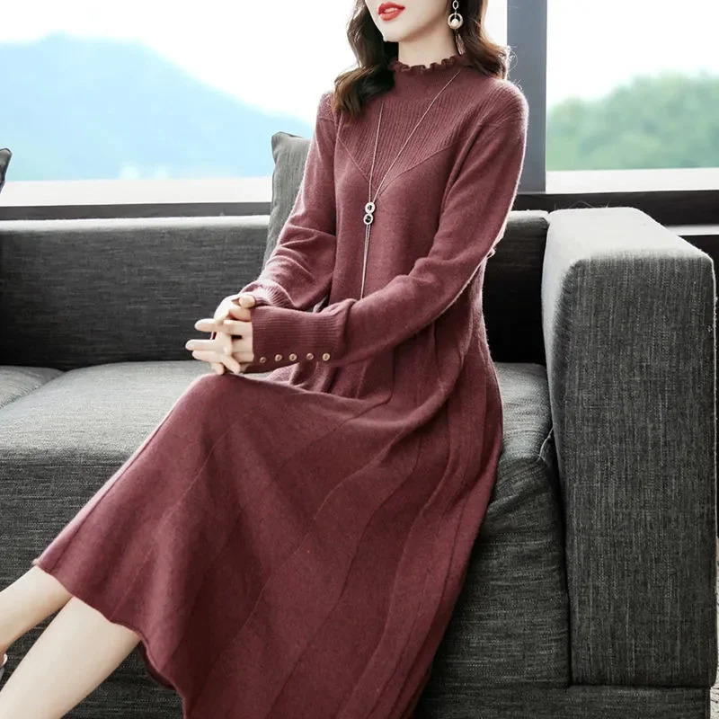 Autumn Winter Woolen Dress Womens Long Pullover Loose Over Knee Dress Versatile Elegant Knitwear Bottom Long V-Neck Dress 240710